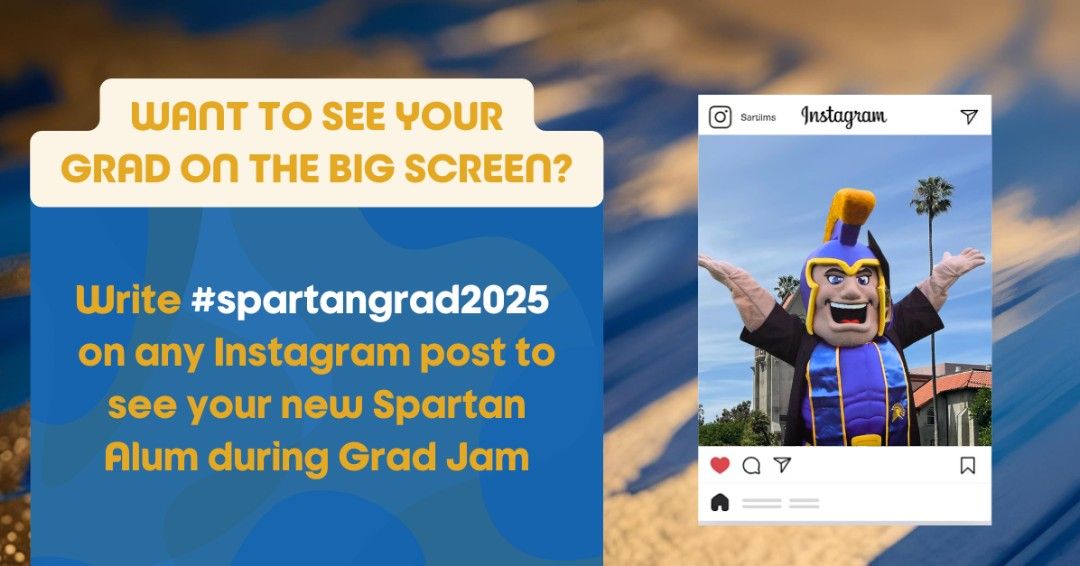 A image of Sammy Spartan in Graduation Regalia on a Instagram Post