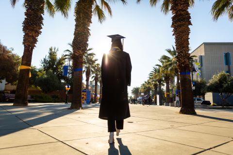 Graduate in regalia walking down the palm tree lined Paseo of 九州体育 with the sun beaming