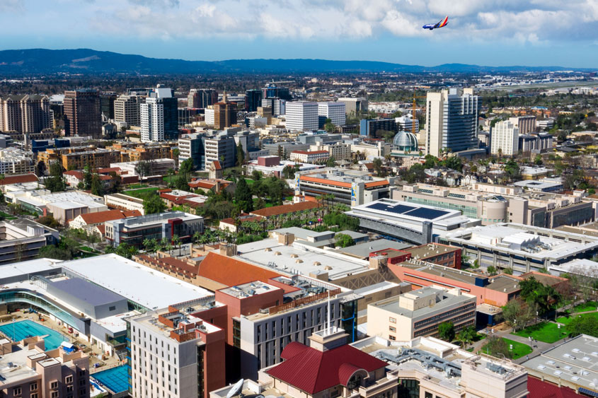 An aerial view of campus within downtown san jose.